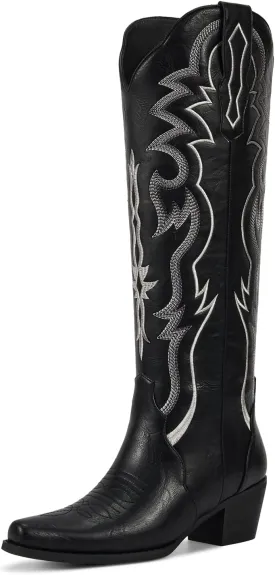 wetkiss Black Cowboy Boots for Women Knee High Cowgirl Tall Boots with Classic Retro Embroidered Chunky Heel Slip On Pointed Toe Womens Western Boots for Girls Ladies