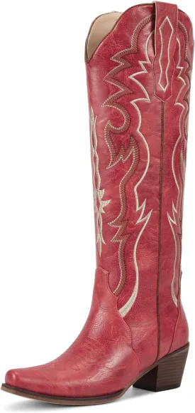 wetkiss Black Cowboy Boots for Women Knee High Cowgirl Tall Boots with Classic Retro Embroidered Chunky Heel Slip On Pointed Toe Womens Western Boots for Girls Ladies