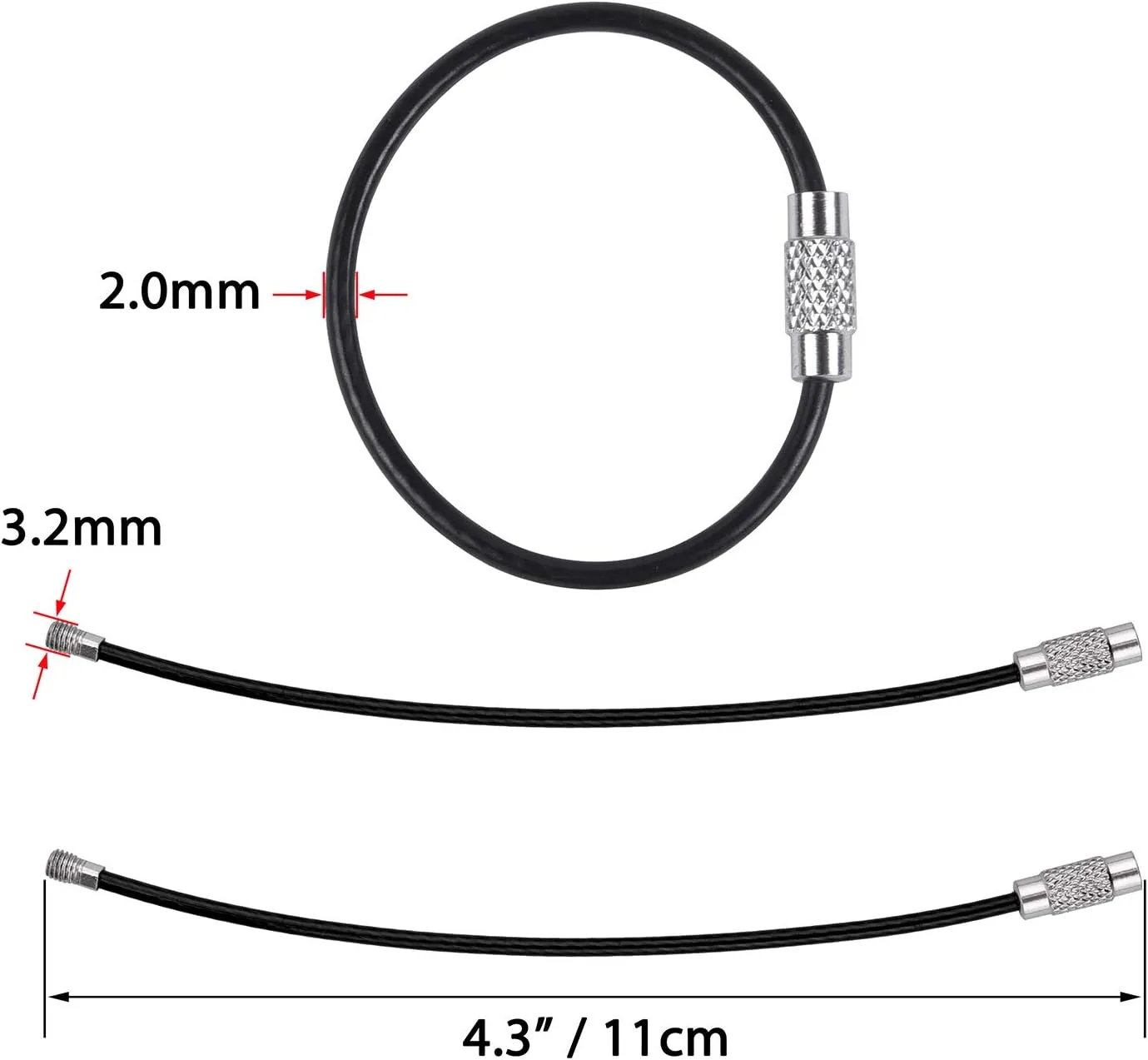 Wisdompro Keychain, 12 Pack of 4.3 Inches Stainless Steel Wire Ring 2mm Cable Loop Rings for Hanging Luggage Tag, Keys and ID Tag Keepers - Black