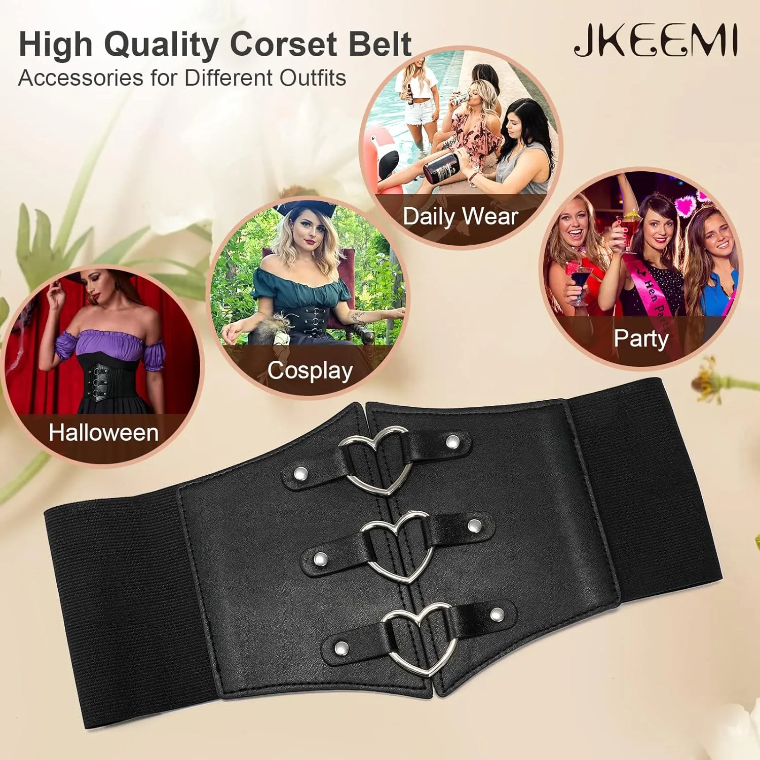 Women Corset Belt Metal O-Ring Heart-Ring Wide Elastic Waspie Waist Belt for Daily Cosplay Halloween Costumes
