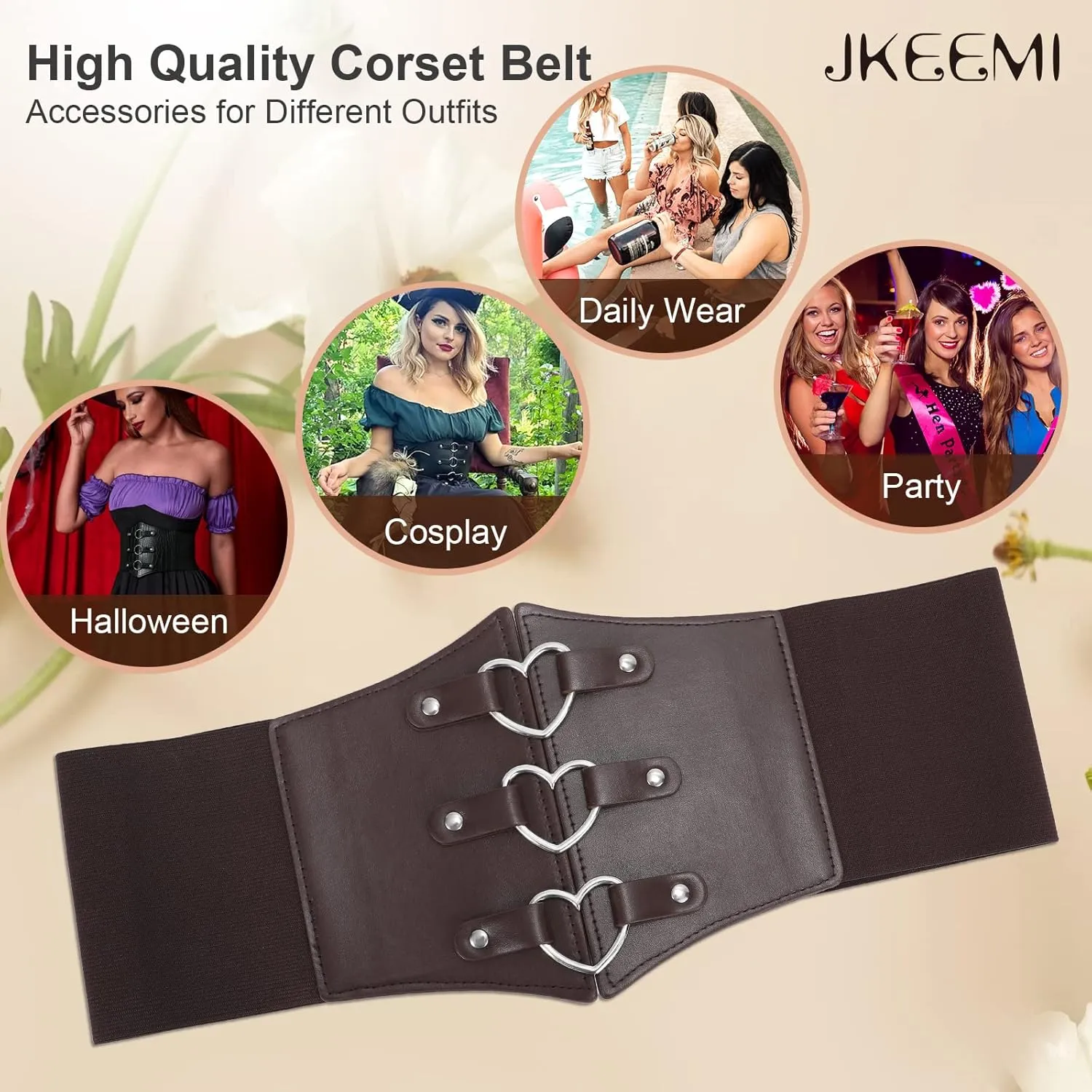 Women Corset Belt Metal O-Ring Heart-Ring Wide Elastic Waspie Waist Belt for Daily Cosplay Halloween Costumes