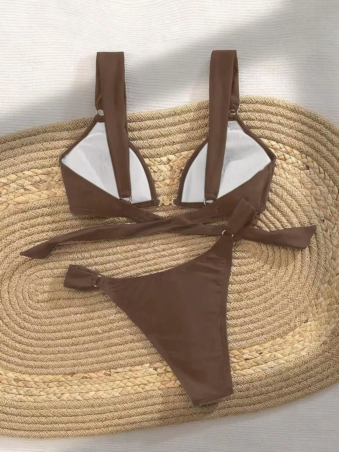 Women's 2 Piece Cheeky Bikini Sets Tie Back Ring Linked Brazilian Swimsuit Sexy Triangle Bathing Suit